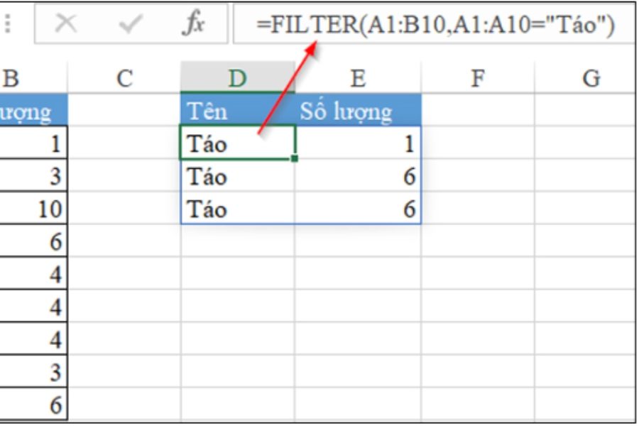 Cách lọc dữ liệu trong Excel bằng hàm Filter